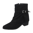 thumbnail image 1 of Cuffed Ankle Boots Women's Casual Winter Stylish Solid Color Low Chunky Heel Side Zipper with Belt Buckle Round Square Toe, 1 of 9