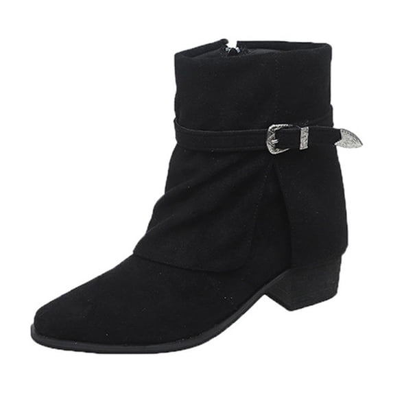 Cuffed Ankle Boots Women's Casual Winter Stylish Solid Color Low Chunky Heel Side Zipper with Belt Buckle Round Square Toe