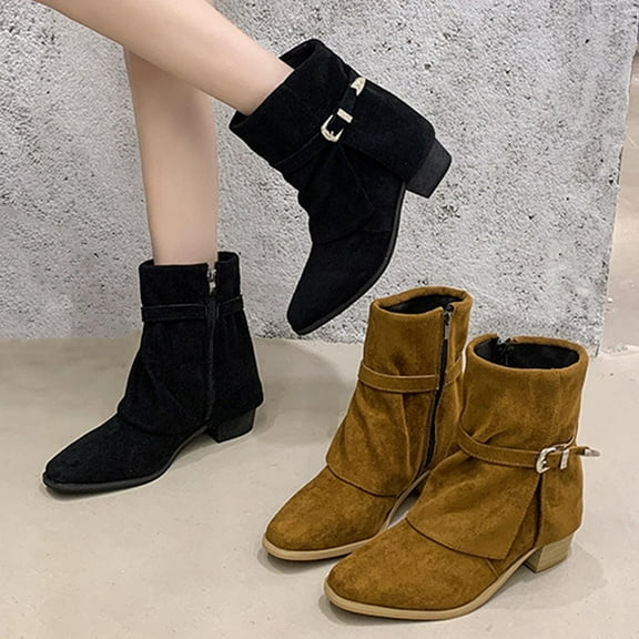 Cuffed Ankle Boots Women's Casual Winter Stylish Solid Color Low Chunky Heel Side Zipper with Belt Buckle Round Square Toe