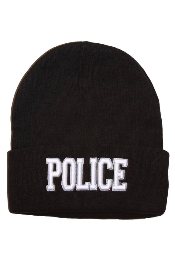 Cuffed Embroidered Police Text Style Beanie - Black