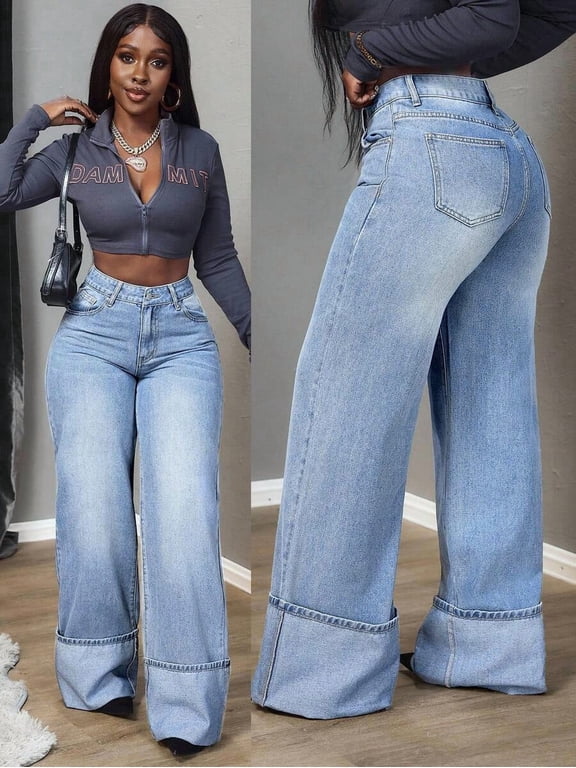 Cuffed Hem Wide Leg Jeans for Tall Women - Light Wash High Waisted Denim