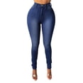 thumbnail image 1 of Cuffed Jeans for Women Womens Skinny Jeans Mid Rise, Stretch Denim Jean Slim Fitting Leg Elastic Waist Pants with Pockets S-70 Navy XL, 1 of 4