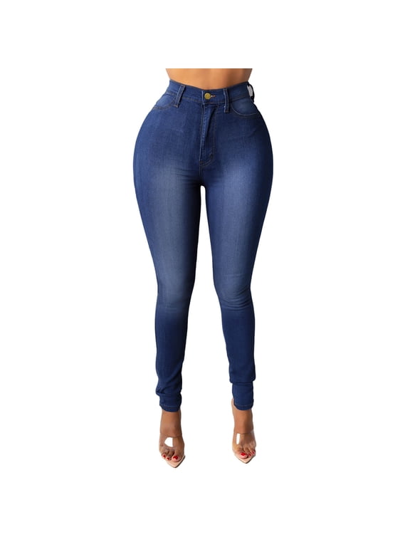 Cuffed Jeans for Women Womens Skinny Jeans Mid Rise, Stretch Denim Jean Slim Fitting Leg Elastic Waist Pants with Pockets Navy XL
