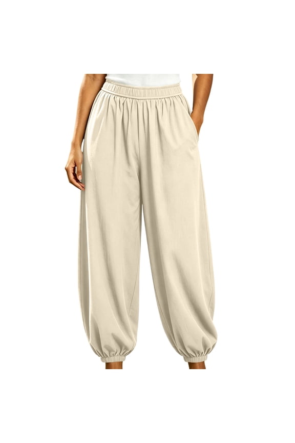 Cuffed Jogger Pants for Women Baggy Harem Trousers Elastic Waist Casual Pant with Side Pocket Soft Breathable Long Trouser Solid Loose Lightweight Loungewear Bottoms