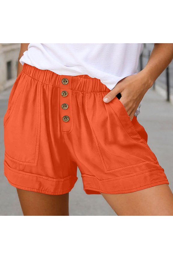 Cuffed Shorts Womens Elastic Waist Button Decor Casual Loose Fit Flowy Trendy Summer Beach Clothes with Pocket Saffron L
