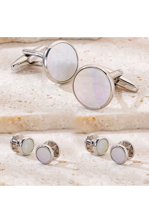 Cufflinks and Tuxedo Studs Set, Suit Accessories on Wedding or Anniversary and Birthday, Faux Mother-of-Pearl with Silver Edge, 6 Pieces