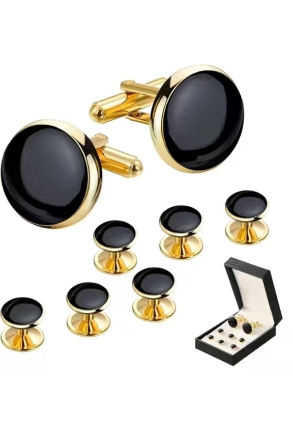 Cufflinks and Tuxedo Studs Set, Suit Accessories on Wedding, Anniversary and Birthday, Groomsmen Gift Set, Black with Gold, 8 Pieces