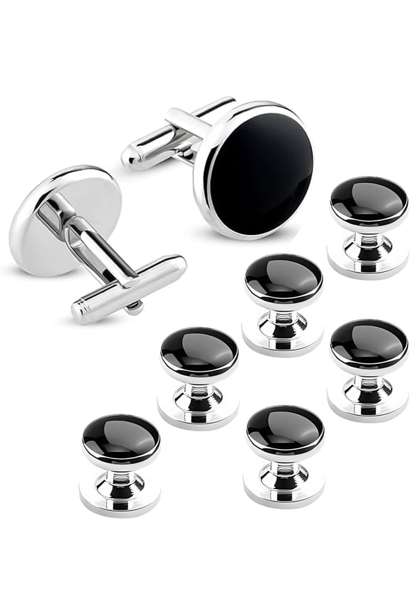Cufflinks for Men 8 Pcs Mens Cufflinks & Tuxedo Studs Set Black & Silver Shirt Studs for Weddings, Banquets, Business, and Special Occasions