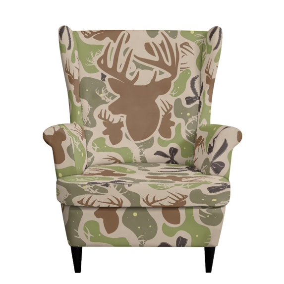 Cugasmaru Camo Deer Bow Wingback Chair Covers Stretch Spandex Wing Chair Slipcovers Non-Slip Single Seater Sofa Cover for Living Room