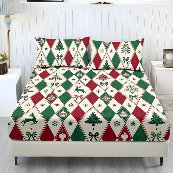 Cugasmaru Christmas Argyle Pattern 3 Piece Fitted Sheet Set for Women Kids, Deep Pockets Easy-Care Fitted Sheets for Dorm