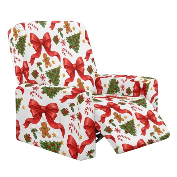 Cugasmaru Christmas Bow Recliner Chair Cover Print Pattern with Pockets Slipcovers 4-Pieces Lazyboy Covers for Electric Lift Reclining Chairs Renew Washable