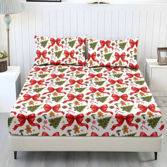 Cugasmaru Christmas Bow Tree Print 3 Piece Fitted Sheet Set with Deep Pocket High Stretch, Fitted Sheet & 2 Pillowcases, No Flat Sheet Included Fitted Bedding for Bedroom Household
