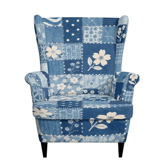 Cugasmaru Denim Patchwork Wingback Chair Slipcover 2 Piece Soft Stretch Wing Chair Cover with Elastic Edge, Decorative Furniture Protector for Home Decor