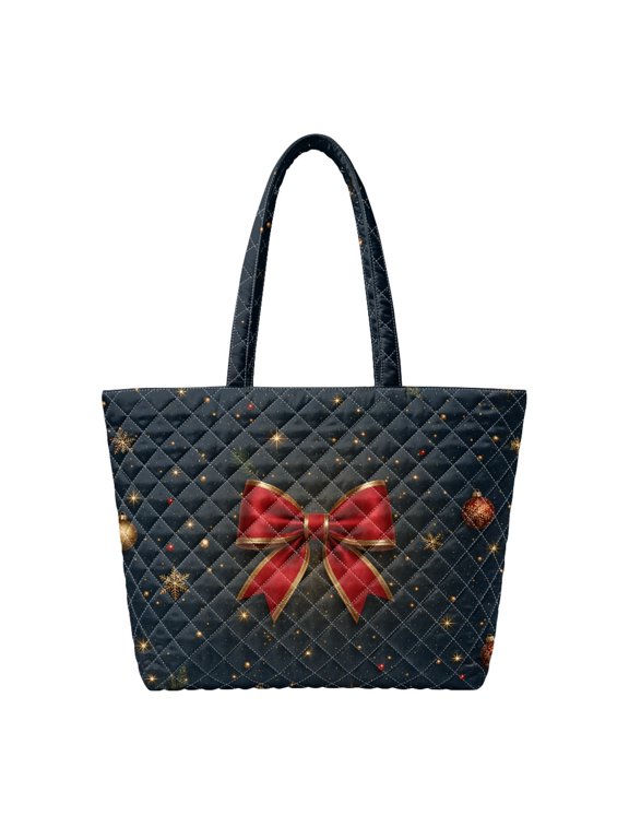 Gold Bow Quilted Tote Bag, Roomy Shoulder Handbag with Zipper and Pockets, Portable Casual Bag for Daily Use