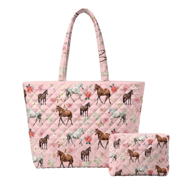Cugasmaru Pink Horse Roses Large Tote Bag for Women, Quilted Shoulder Bag with Cosmetic Pouch, Lightweight for Gym Work College Shopping