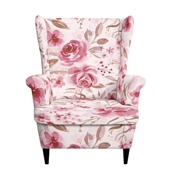 Cugasmaru Pink Watercolor Rose Wingback Chair Cover 2 Piece Stretch Wing Chair Slipcovers Soft Spandex Stain Resistant High Back Protector for Wingback Chairs