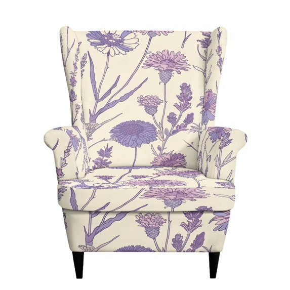 Cugasmaru Purple Line Floral Wingback Chair Protector 2 Piece Stretch Wing Chair Slipcovers Spandex Armchair Covers Non-Slip Wing Back Sofa Cover for Pets Kids