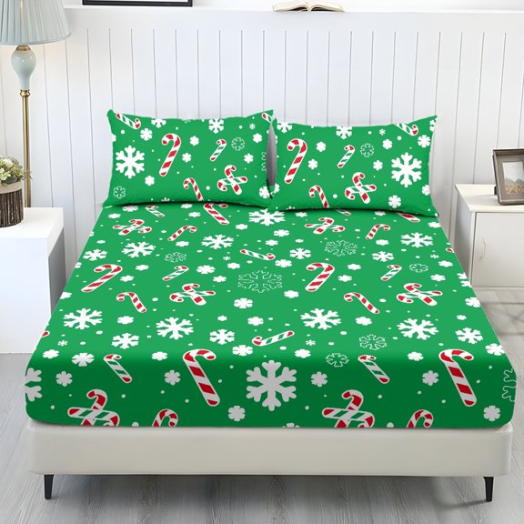 Cugasmaru Snowflake Candy Cane 3 Piece Fitted Sheets for Teens Men, Durable Comfort Fitted Sheet Set for Bedroom