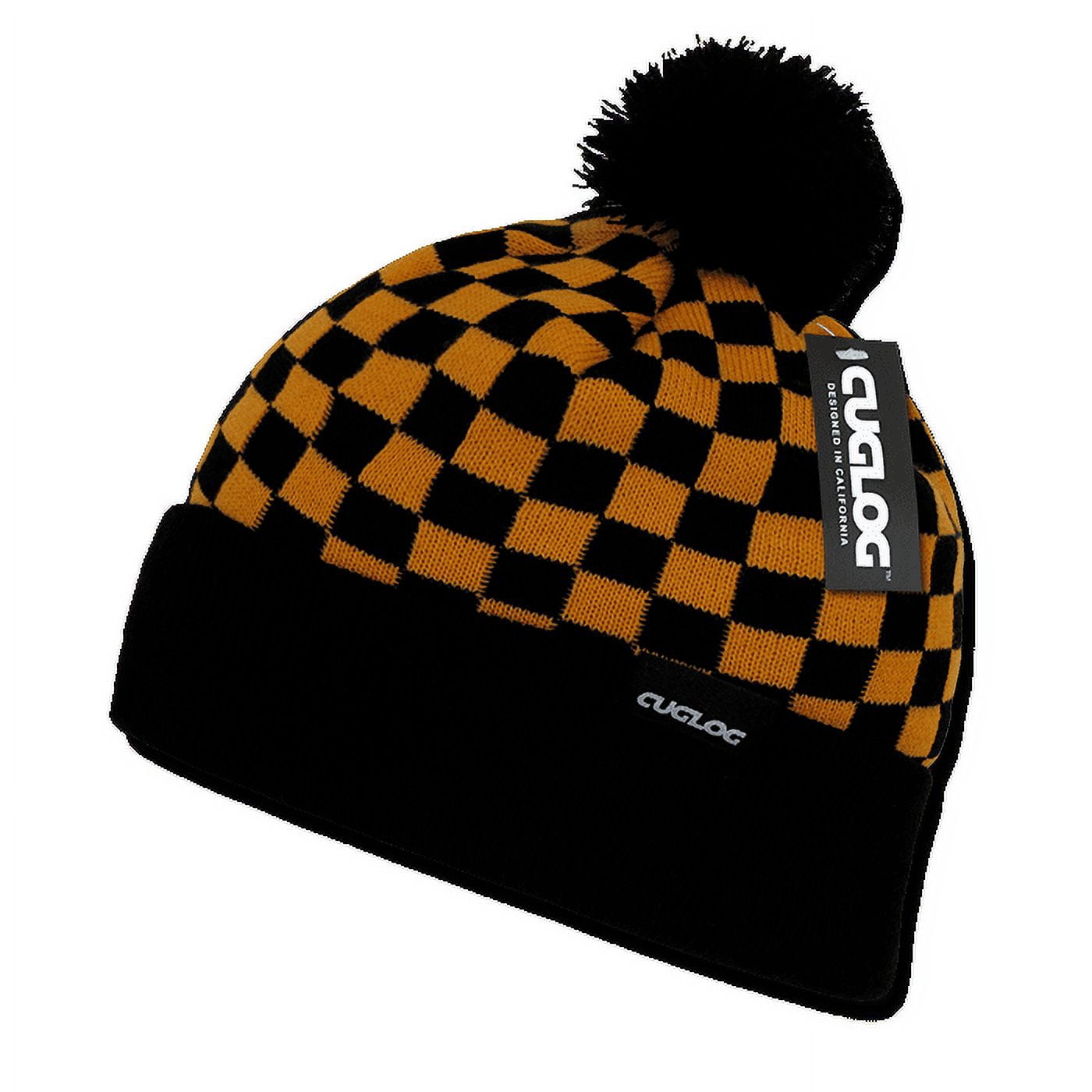 Cuglog Changbai Checker Beanie - Acrylic Knit Hat With Pom Pom, One Size