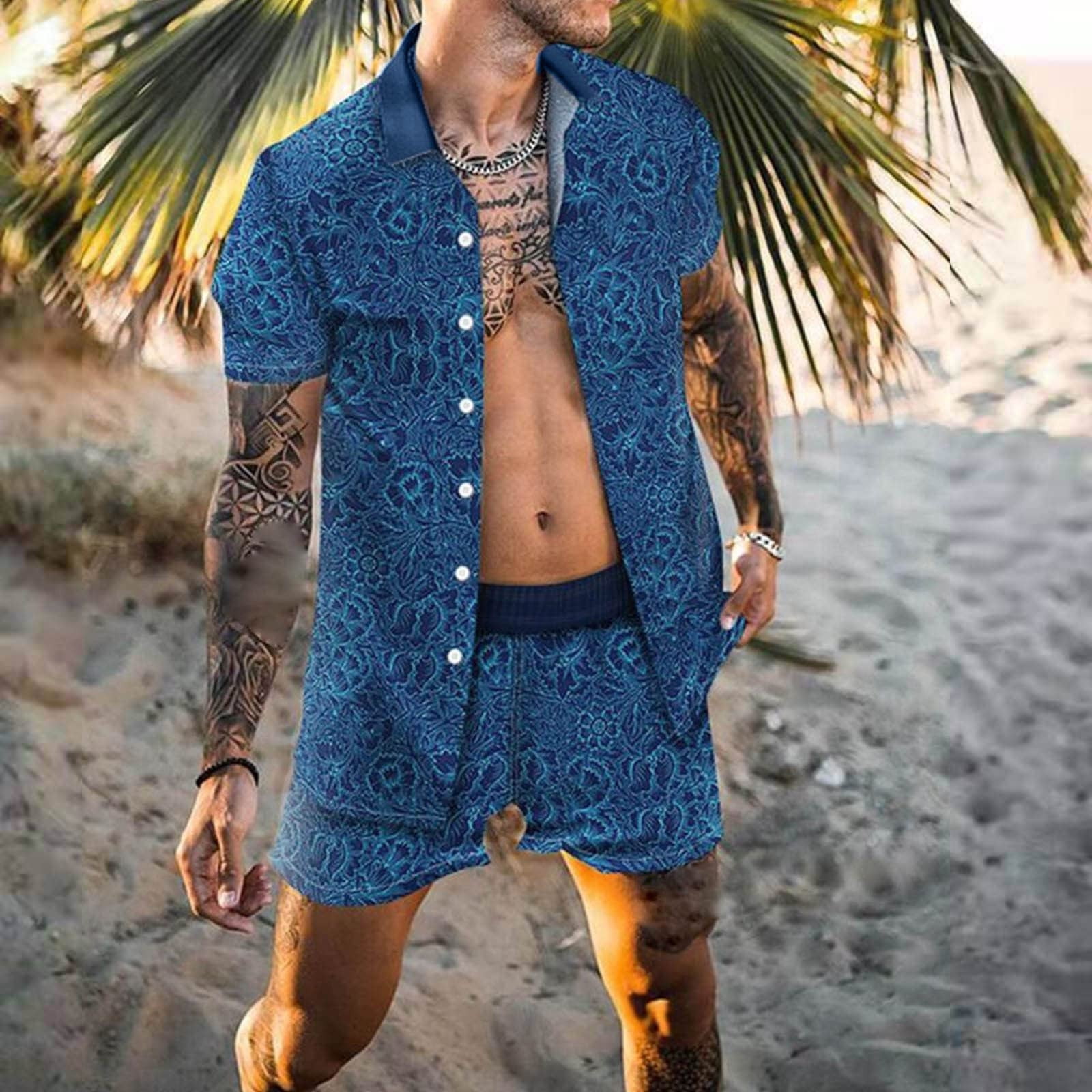 Cuhas Suits for Men Set, 2 Piece Set Outfit Beach Button Down Shirt and