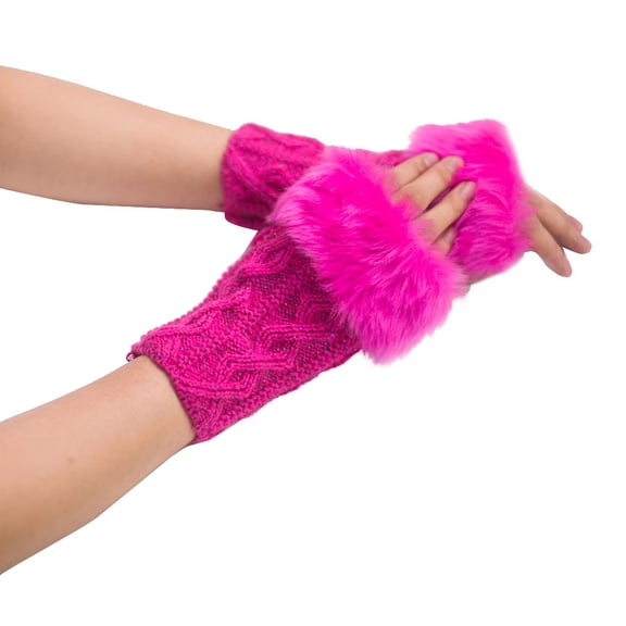 Cuhas Winter Gloves Women Girl Warm Faux Rabbit Wrist Fingerless Mittens Hot Pink