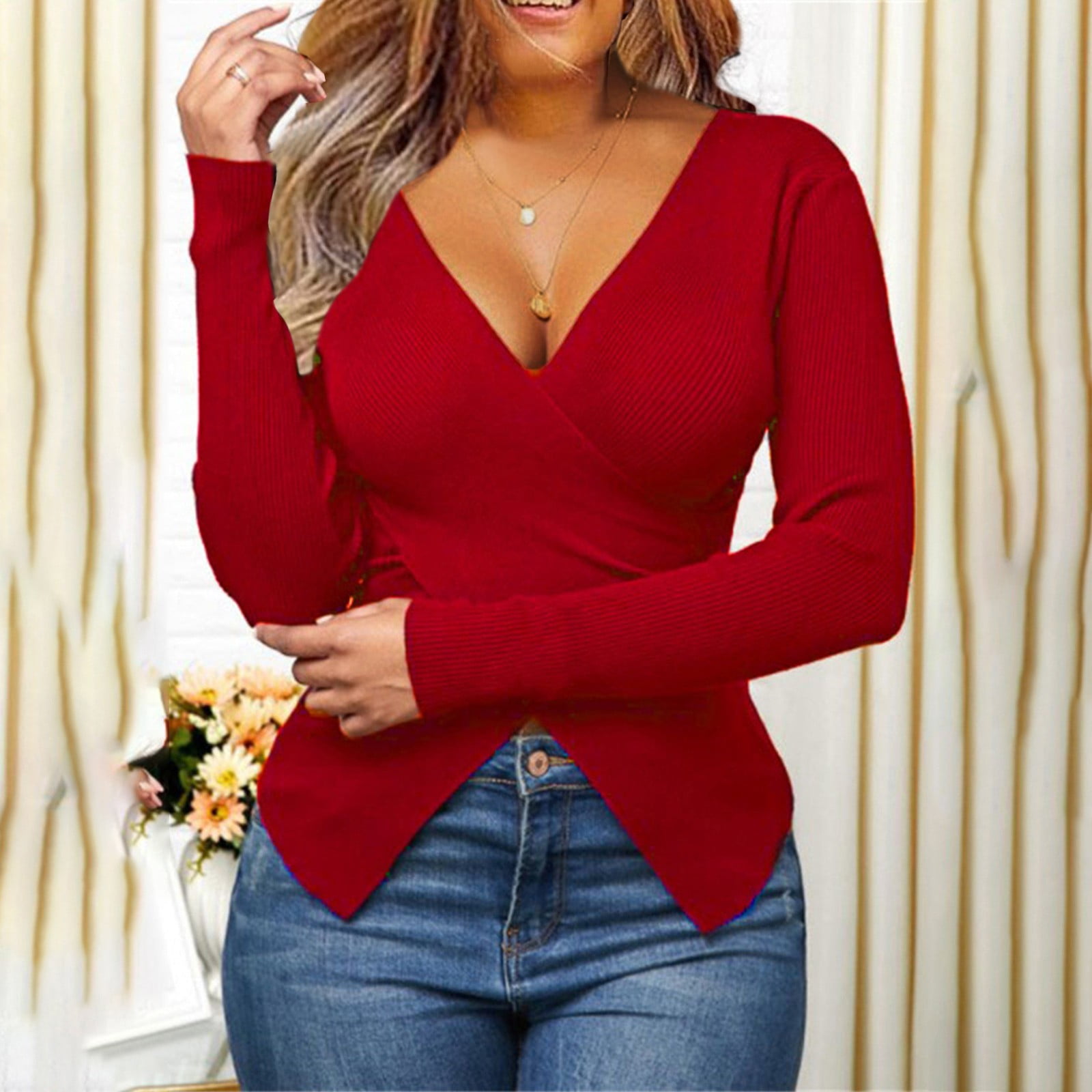 Cuhas Womens Fashion Blouses Shirts Autumn Long Sleeve Solid V-Neck Sexy  Tight Sweat Plus Size Long Sleeve Winter Womens Tops Red 1X 
