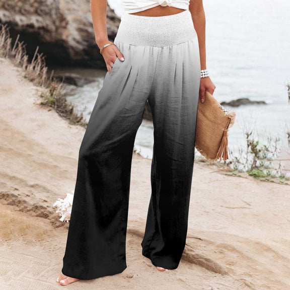Cuhas Womens Fashion Cargo Pants Women High Waisted For Stretchy Wide Leg Palazzo Casual Gradient Print Comfy Beach Trousers Plus Size Womens Pants Black 3X