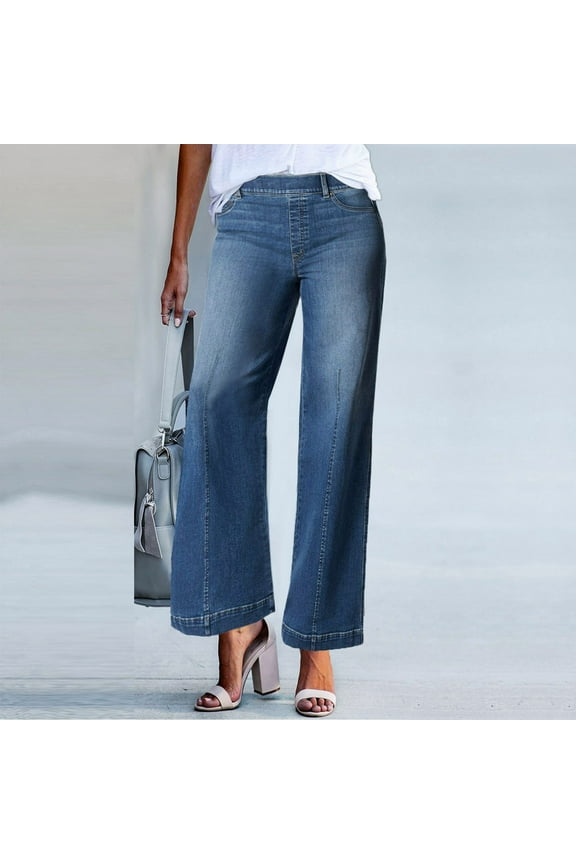 Womens Fashion Cargo Pants Women New Wide Leg Jeans For Seamed Front Wide Leg Jeans Solid Color Casual Fashion Trousers Plus Size Womens Pants Blue L