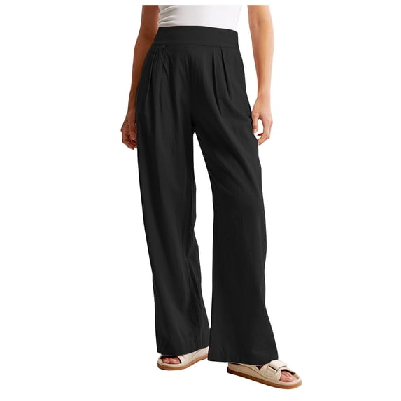 Cuhas Womens Fashion Cargo Pants Women Summer Linen Blend Ultra Wide-Leg Long Slacks High Waist Trousers Pocket Plus Size Womens Pants Black L