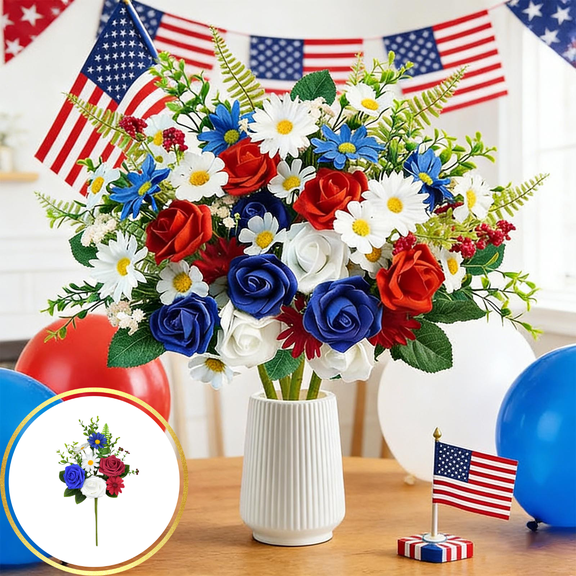 CuiLiyq 1 Pack Artificial Patriotic Flowers, 4th of July Decorations Red White and Blue Rose Flowers, Patriotic Memorial Bouquet for Cemetery Memorial Day Independence Day Home Party