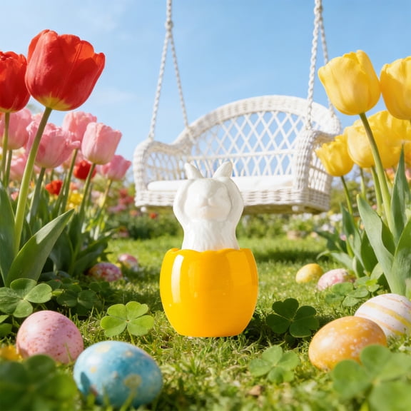 CuiLiyq 1 Pcs Easter Bunny Egg Figurine Ceramic Rabbits, Yellow Porcelain Rabbit Figurines on Egg Sculpture, Easter Decor for Desk Living Room Bedroom, Easter Birthday Housewarming Gift (Yellow-C)