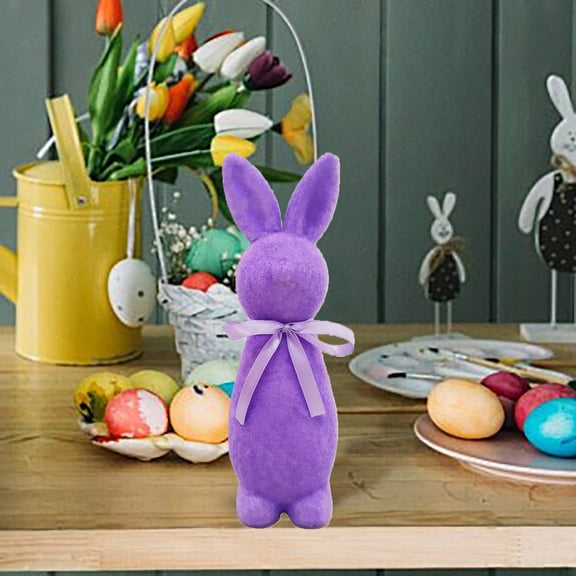 CuiLiyq 1 Pcs Easter Decorations Flocked Bunny Figurines with Bowknot, 9.6" Flocking Rabbit Tabletop Mantel Decoration, for Easter Centerpieces for Spring Home Office Table Decor Supplies (Purple)