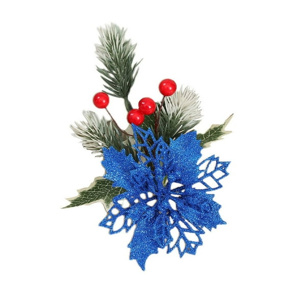 CuiLiyq 10 PCS Poinsettia Flowers, Christmas Artificial Glitter Flower with Pine Neddles Berry Decorations, for Garland Wreath Tree Home Holiday Wedding Party Decor (Blue)