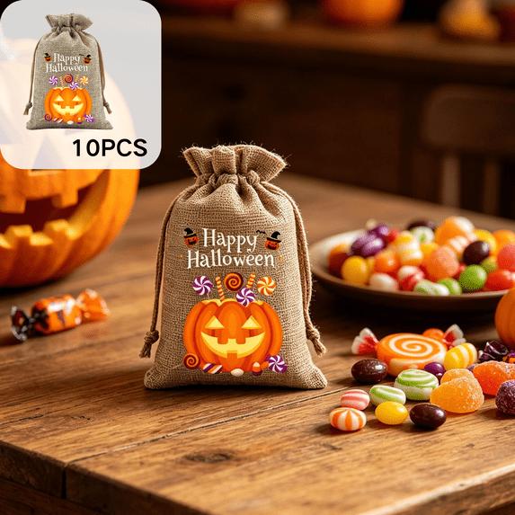 CuiLiyq 10Pcs Orange Halloween Drawstring Candy Bags, Party Goodie Storage, Front Porch Snack Tote, Holiday Small Favor Packaging Sacks
