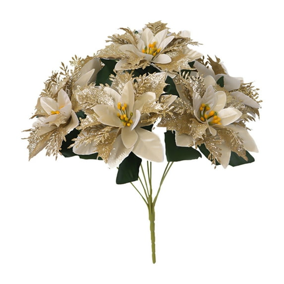 CuiLiyq 12.5" Artificial Poinsettias Flowers for Outdoor, Glitter Fake Gold Flowers Faux Plants UV Resistant for Home Garden Porch Christmas Winter Spring Outdoor Indoor Decor