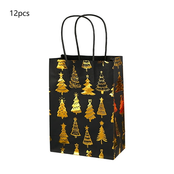 CuiLiyq 12 Pcs Christmas Black Gift Bags with Gold Bronzing, Christmas Wrapping Bags with Handles, Xmas Gift Bags for Holiday Party Favors and Decor Supplies (Christmas Tree)