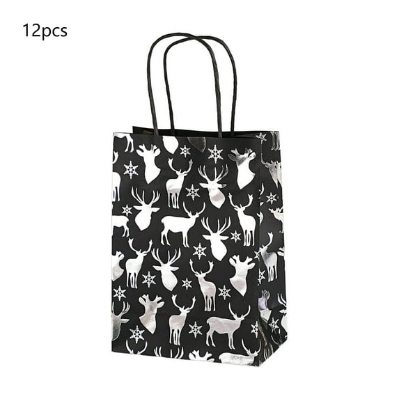 CuiLiyq 12 Pcs Christmas Black Gift Bags with Silver Bronzing, Christmas Wrapping Bags with Handles, Xmas Gift Bags for Holiday Party Favors and Decor Supplies (Reindeer)