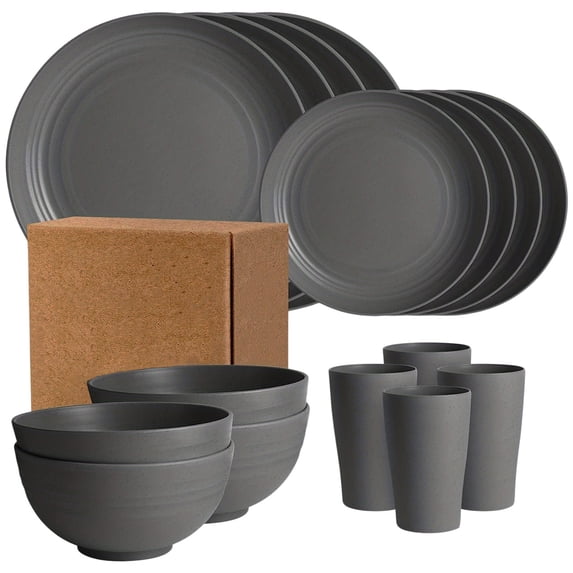 CuiLiyq 16 Piece Kitchen Wheat Straw Dinnerware Set, Service for 4, Reusable Plastic Dish Set for Camping, Dishwasher and Microwave Safe, Lightweight Tableware (Plates, Bowls and Cups, Gray)