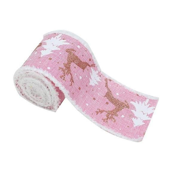 CuiLiyq 2.19 Yards Christmas Ribbons 2.68", Pink Velvet Wired Edge Burlap Ribbons Glitter Christmas Tree and Elk Ribbons, for Home Decor DIY Crafts Wreaths Bowtie