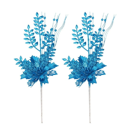 CuiLiyq 2 PCS Glitter Poinsettia Berries Ornaments Kit, Artificial Flowers Decorations, for Christmas Tree Wreath Fireplace Xmas Party Decor (Blue)
