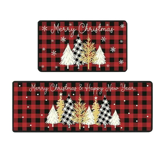 CuiLiyq 2 Pcs Christmas Kitchen Rugs and Mats, Red Black Buffalo Plaid Merry Christmas Xmas Trees Floor Mat, for Christmas Home Holiday Kitchen Decor (23.6" x 15.7", 47.2" x 15.7")