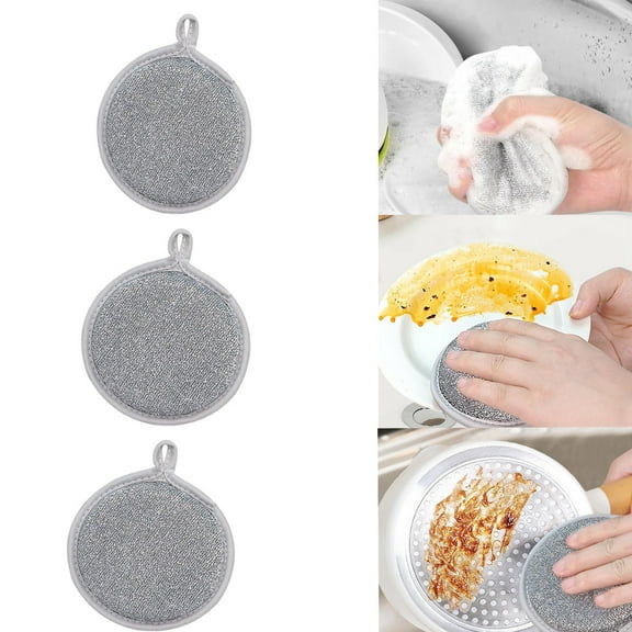 CuiLiyq 3 Pack Double Sided Dishwashing Sponge, High Elastic Circular Sponge Block with Silver Wire and Nylon Scrubber, for Kitchen Dishes Pots Pans Non Scratch Cleaning (Hanging Hole Storage)