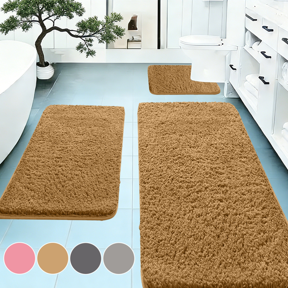 CuiLiyq 3 Piece Bathroom Rugs Set, Soft Absorbent Bath Mats, Non-Slip Washable Bath Rugs for Bedroom, Living Room, Sink, Toilet and Floor (Khaki)
