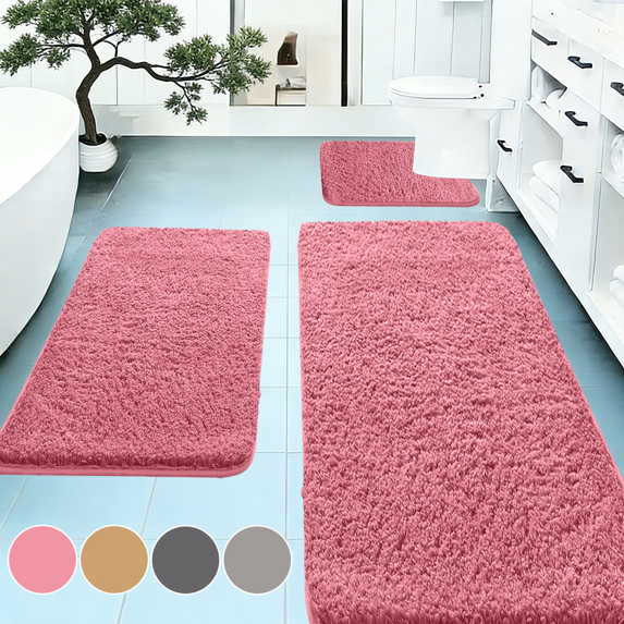 CuiLiyq 3 Piece Bathroom Rugs Set, Soft Absorbent Bath Mats, Non-Slip Washable Bath Rugs for Bedroom, Living Room, Sink, Toilet and Floor (Pink)