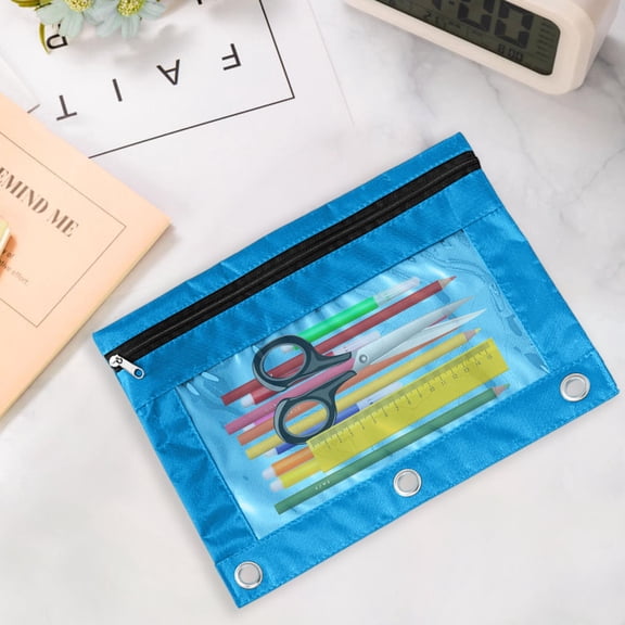 CuiLiyq 3 Ring Binder Pencil Pouch, Clear Window Pencil Case with Zipper, Large Capacity Pencil Bag with 3 Reinforced Grommets (Blue)