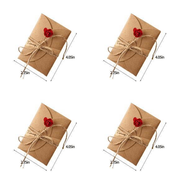 CuiLiyq 4 Pack Dried Flowers Greeting Card with Envelopes, Brown Retro Kraft Holiday Gift Card, DIY Invitation Wish Card Note Card Thank You Card for Birthday Christmas, 4.05" x 2.75" (Rose)