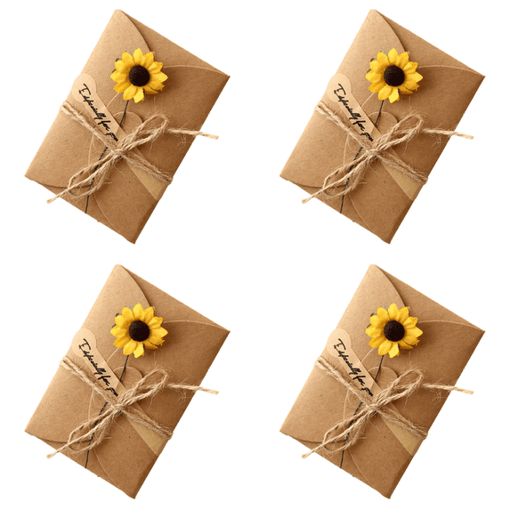 CuiLiyq 4 Pack Dried Flowers Greeting Card with Envelopes, Brown Retro Kraft Holiday Gift Card, DIY Invitation Wish Card Note Card Thank You Card for Birthday Christmas, 4.05" x 2.75" (Sunflower)