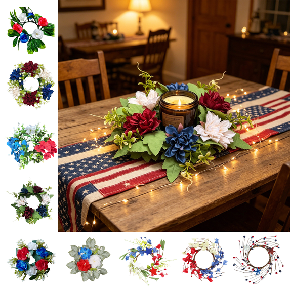 CuiLiyq 4th of July Candle Rings, Artificial Flower Wreath, Red Blue White Patriotic Candle Holder, Tables Centerpieces Home Farmhouse Decor for Independence Day Memorial Day
