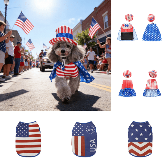 CuiLiyq 4th of July Pet Clothing Set, Independence Day Dog Outfit with Hat and Dress, Red White Blue Star Print Apparel for Small Dogs Cats, Holiday Party Festival Pet Supplies