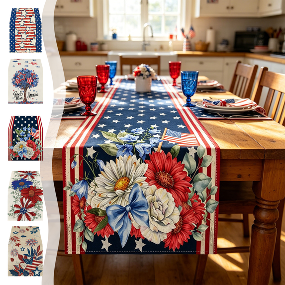 CuiLiyq 4th of July Table Runner, Patriotic USA Stars Floral Table Runner for Memorial Day, Party Supplies Indoor Outdoor Home, 72" x 13"